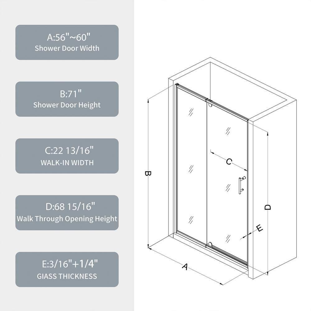 RAY'S RUGS & FLOORING LLC 12RRFR142467LTS 56-60" W x 71" H Pivot Frame Sliding Shower Door with 6mm Tempered Glass