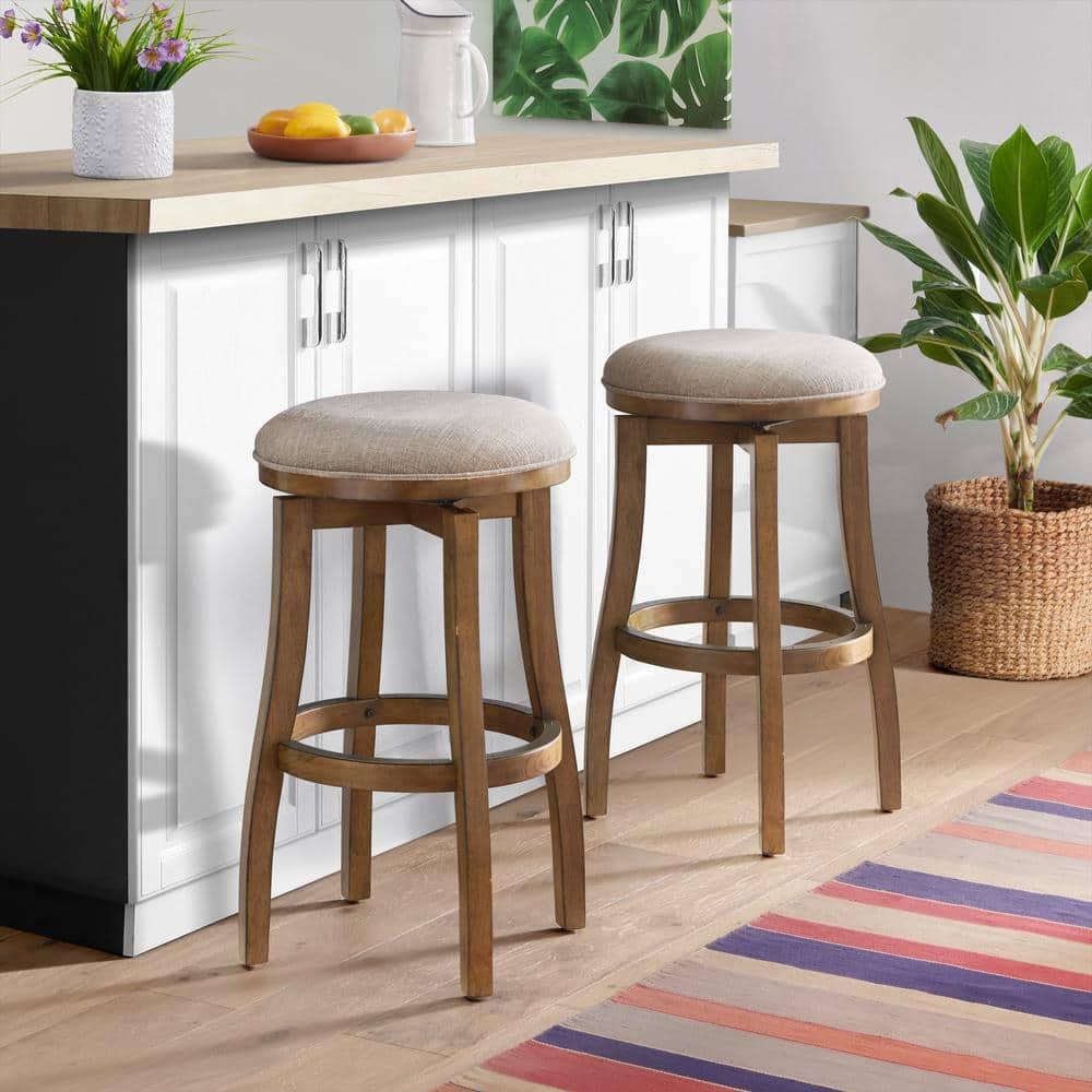 Alaterre Ellie Upholstered Swivel Bar Stool Chairs with Padded Seat and Back, Rubberwood Frame with Metal Kick Plate