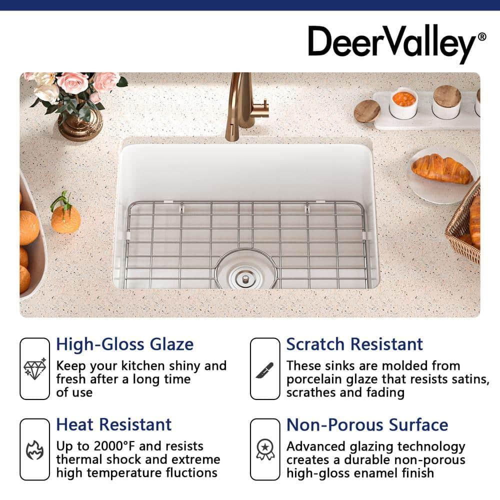 24" L x 19" W Rectangular White Fireclay Undermount Kitchen Sink with Basket Strainer and Sink Grid