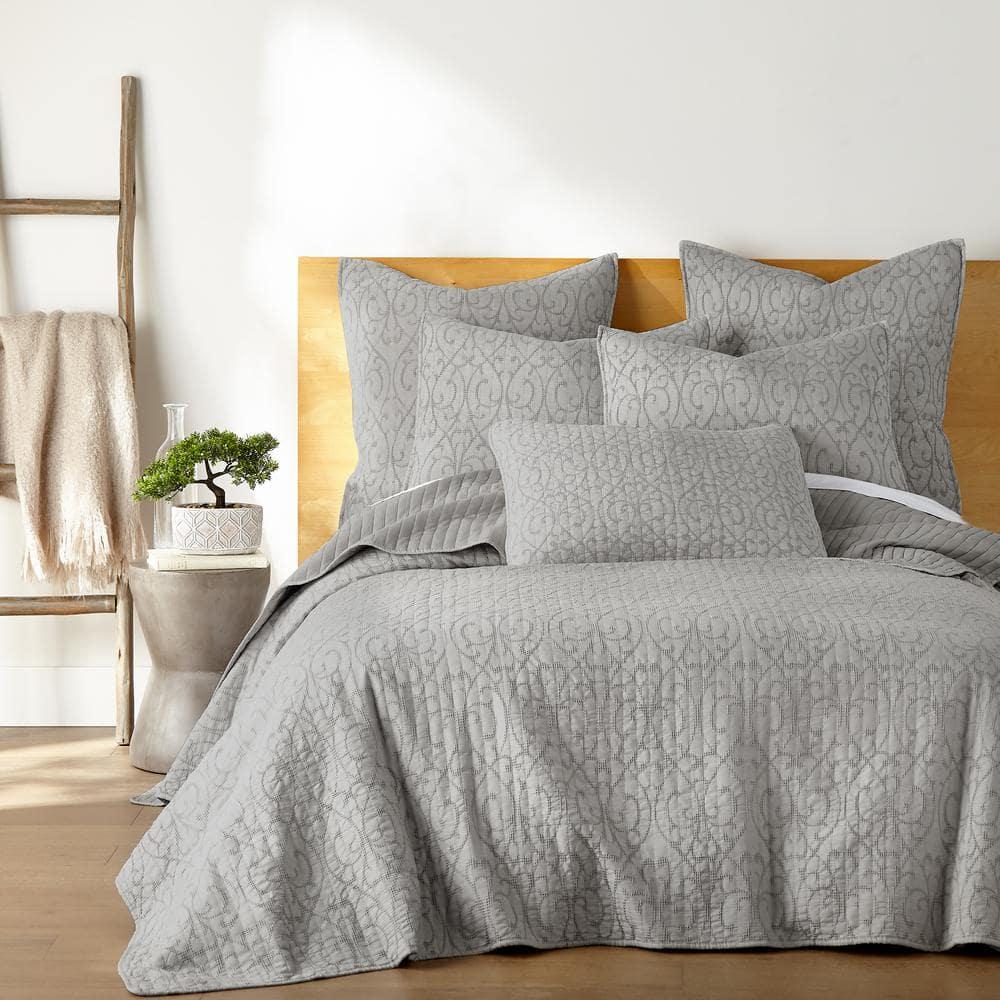 Homthreads - Beckett Two Euro Pillow Shams - Microfiber Jacquard - Damask Scroll - Silver Grey - Euro Size (26 x 26in.) and Pillow Sham Size