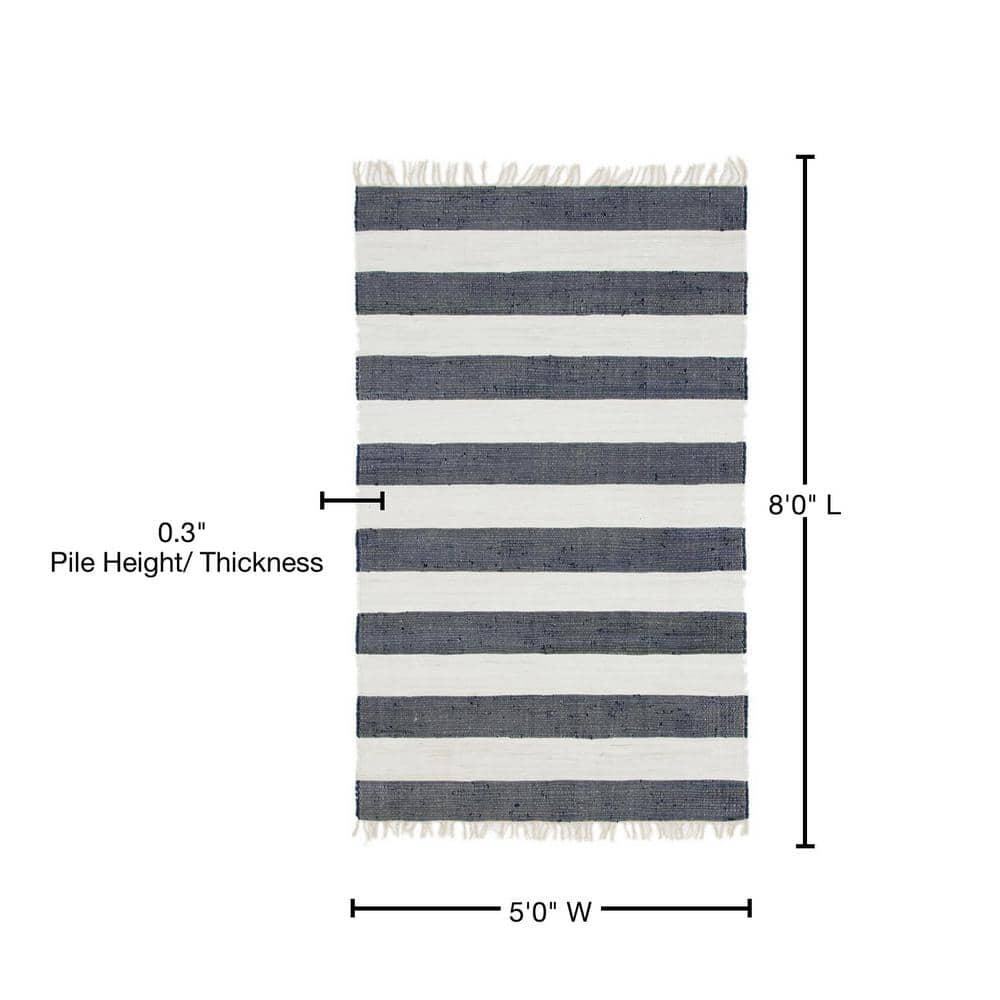 Unique Loom Chindi Rag Collection Area Rug - Striped (5' 1" x 8' Rectangle Navy Blue/Ivory)