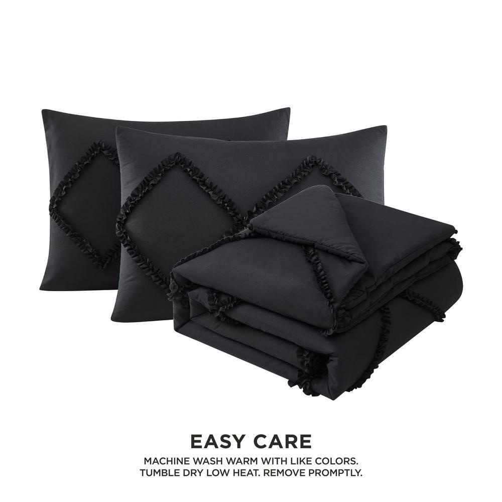 Full Black Microfiber Diamond Ruffle Reversible Comforter Set