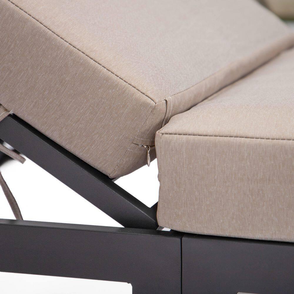 LeisureMod Chelsea Modern Outdoor Chaise Lounge Chair Set with Side Table, Black Aluminum – Set of 2 in Beige