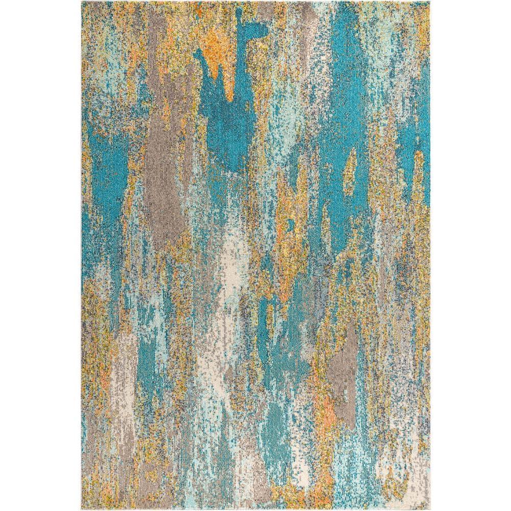 5'x8' Contemporary POP Modern Abstract Vintage Waterfall Area Rug, Blue/Brown/Orange - JONATHAN Y