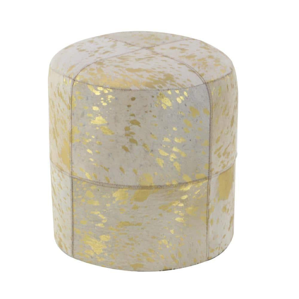 DecMode 16" x 17" Gold Leather Handmade Stool with Gold Foil Paint, 1-Piece