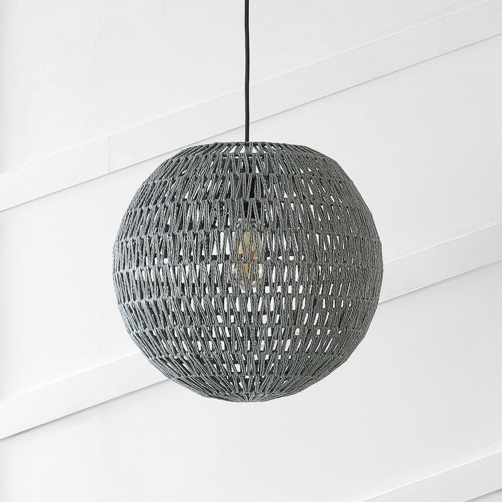 Luna 15.75" 1-Light Bohemian Modern Woven Rattan/Iron LED Pendant, Grey/Black