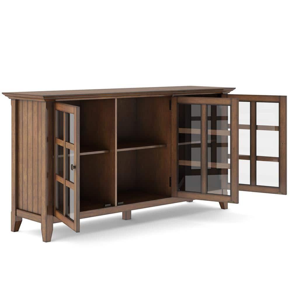 Simpli Home Acadian 62"W Solid Wood 3-Shelf Storage Cabinet with Tempered Glass Doors and Adjustable Shelves