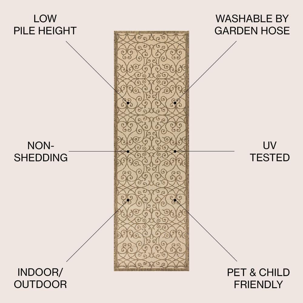 2'x8' Madrid Vintage Filigree Textured Weave Indoor/Outdoor Runner Rug, Beige/Brown - JONATHAN Y