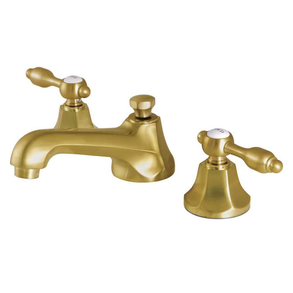 Kingston Brass Metropolitan Two-Handle 3-Hole Deck Mount Widespread Bathroom Faucet with Brass Pop-Up Drain