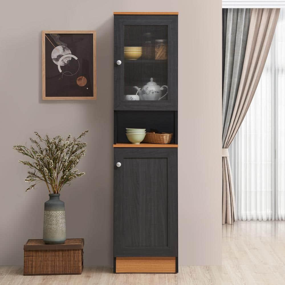63" Tall Slim Open Shelf Plus Top and Bottom Enclosed Storage Kitchen Pantry in Black-Beech