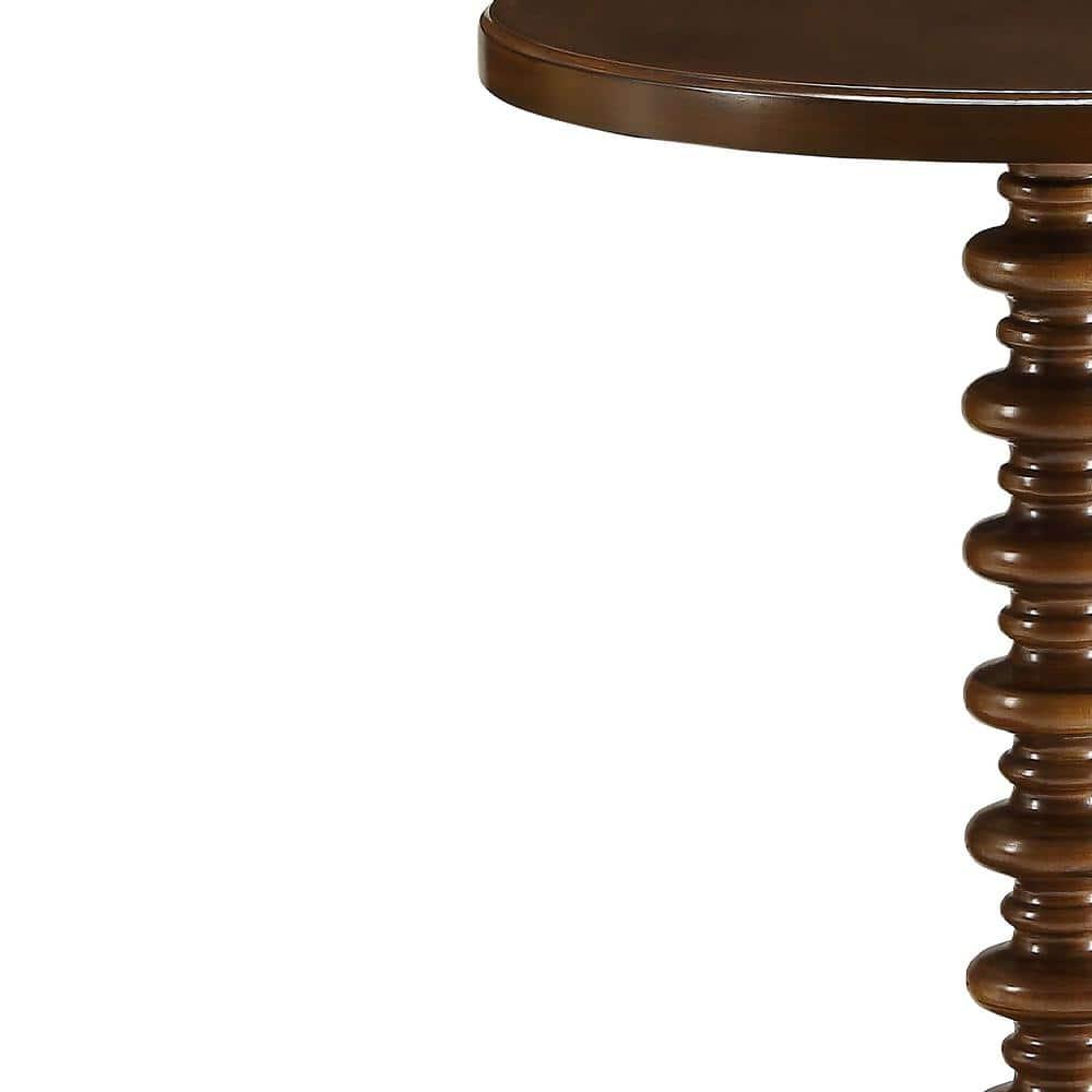 17 Inch Round Wood Side Table, Turned Support, Walnut Brown- Saltoro Sherpi