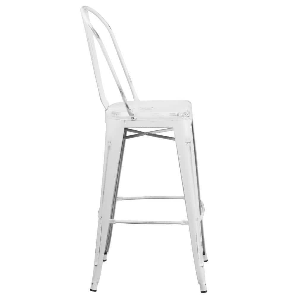Flash Furniture Commercial Grade 30" High Distressed White Metal Indoor-Outdoor Barstool with Back