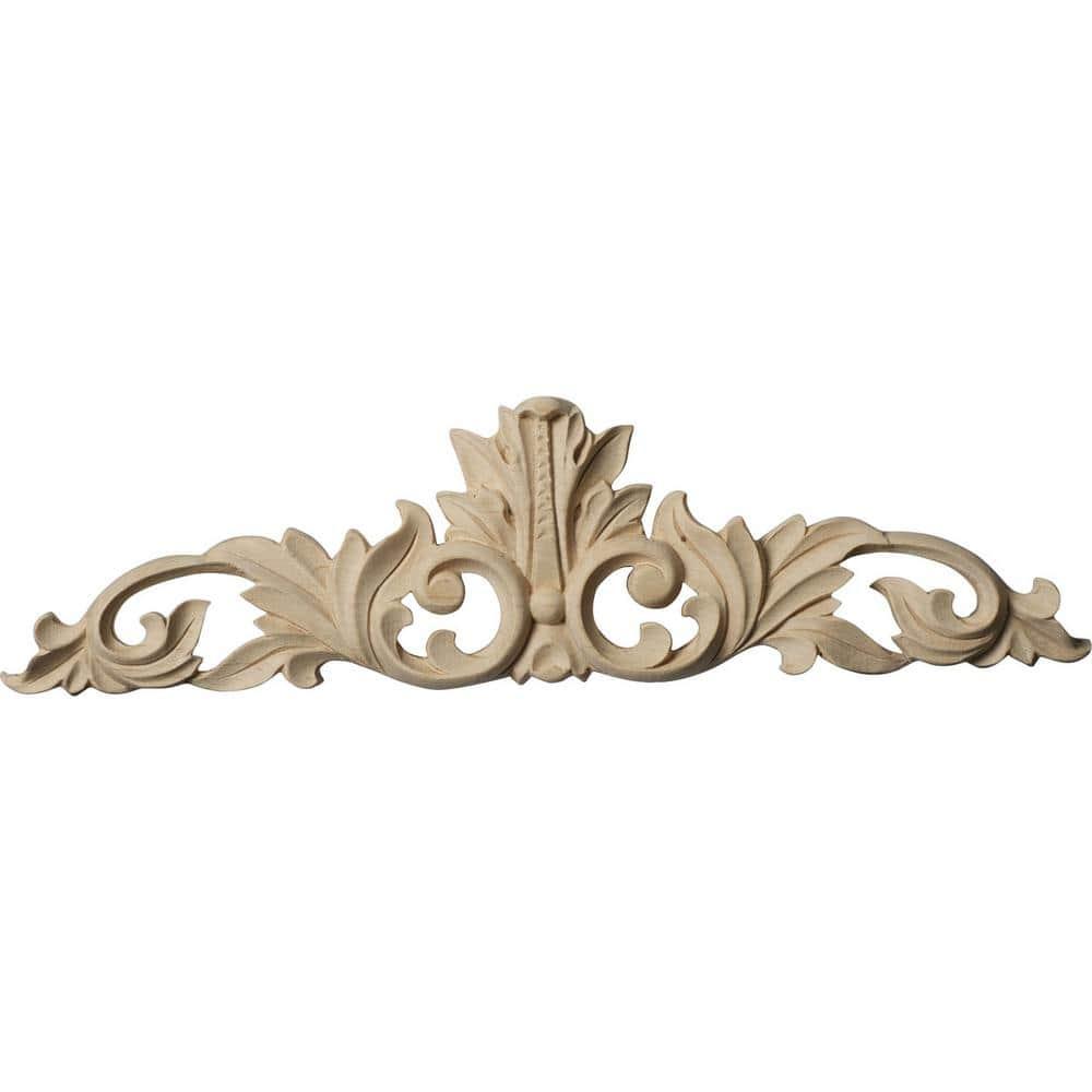 Ekena Millwork 12 1/4"W x 3 1/4"H x 1/4"D Small Green Leaf Center with Scrolls, Alder