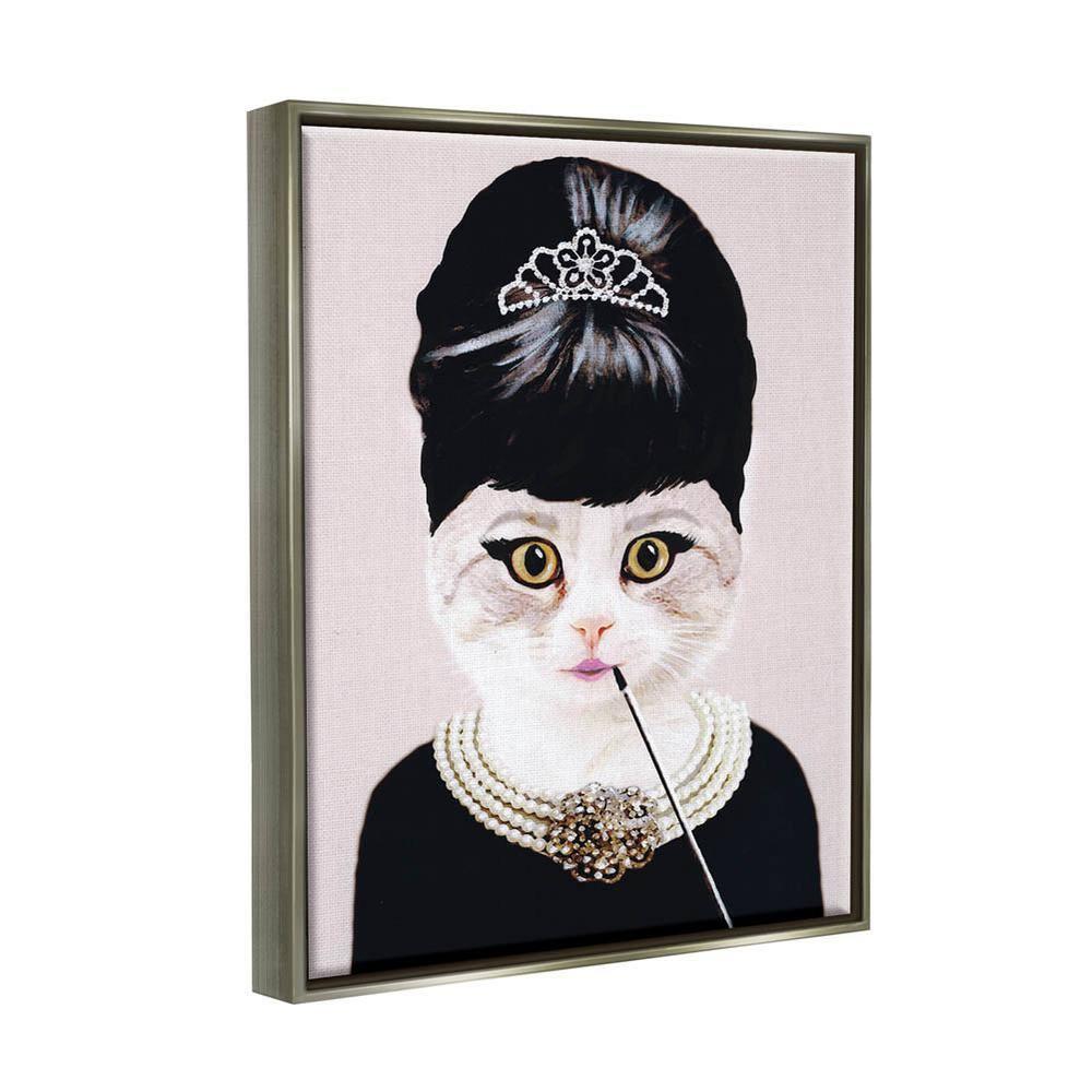 Stupell Industries Fashion Feline Jewelry And Makeup Cat Luster Gray Framed Floating Canvas Wall Art, 16x20, by Coco de Paris