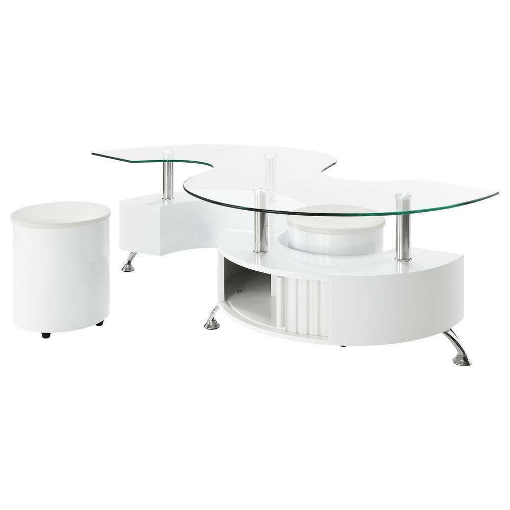 Coaster Buckley Wood Curved Glass Top Coffee Table With Stools in White