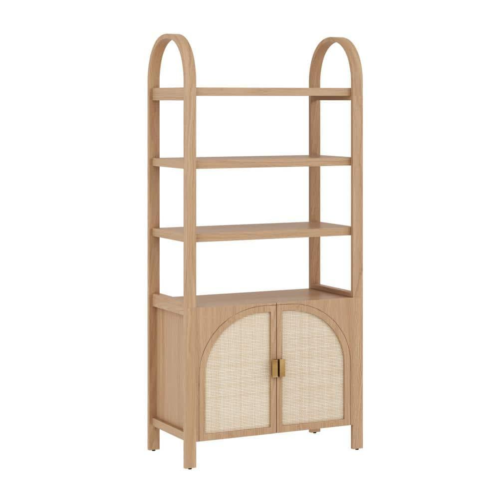 Boho 3-Shelf Bookshelf Cabinet With Rattan Doors