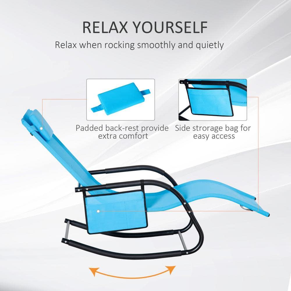 Outsunny Outdoor Rocking Chair, Patio Sling Sun Lounger, Pocket, Recliner Rocker, Lounge Chair with Detachable Pillow for Deck, Garden or Pool, Blue