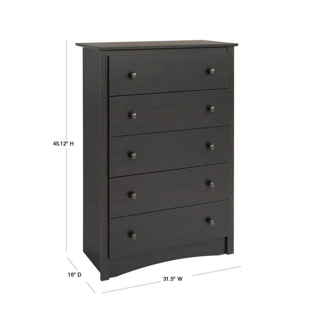 Prepac Monterey 5 Drawer Dresser Washed Black: Wood Composite Vertical Storage, 45.25" High