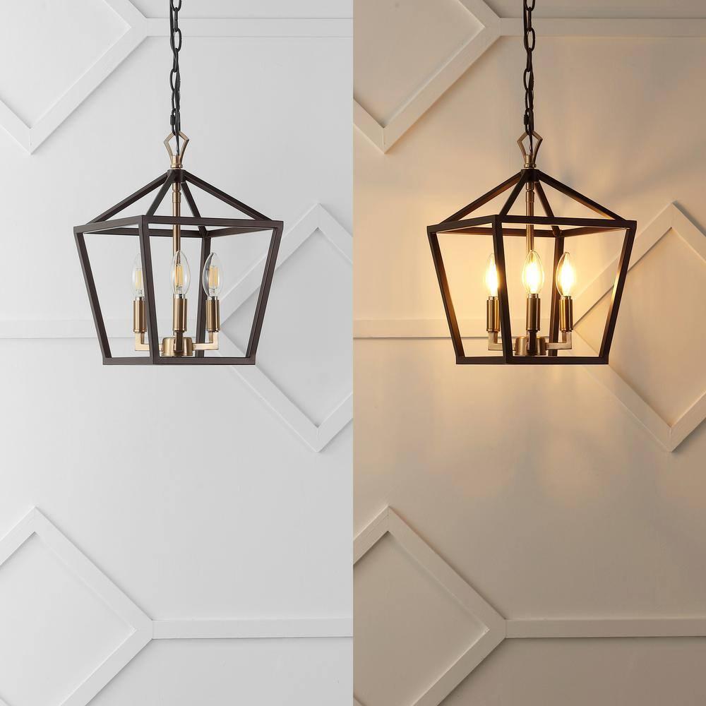 Ojai 10" 3-Light Iron Classic Modern Lantern LED Pendant, Oil Rubbed Bronze/Brass Gold