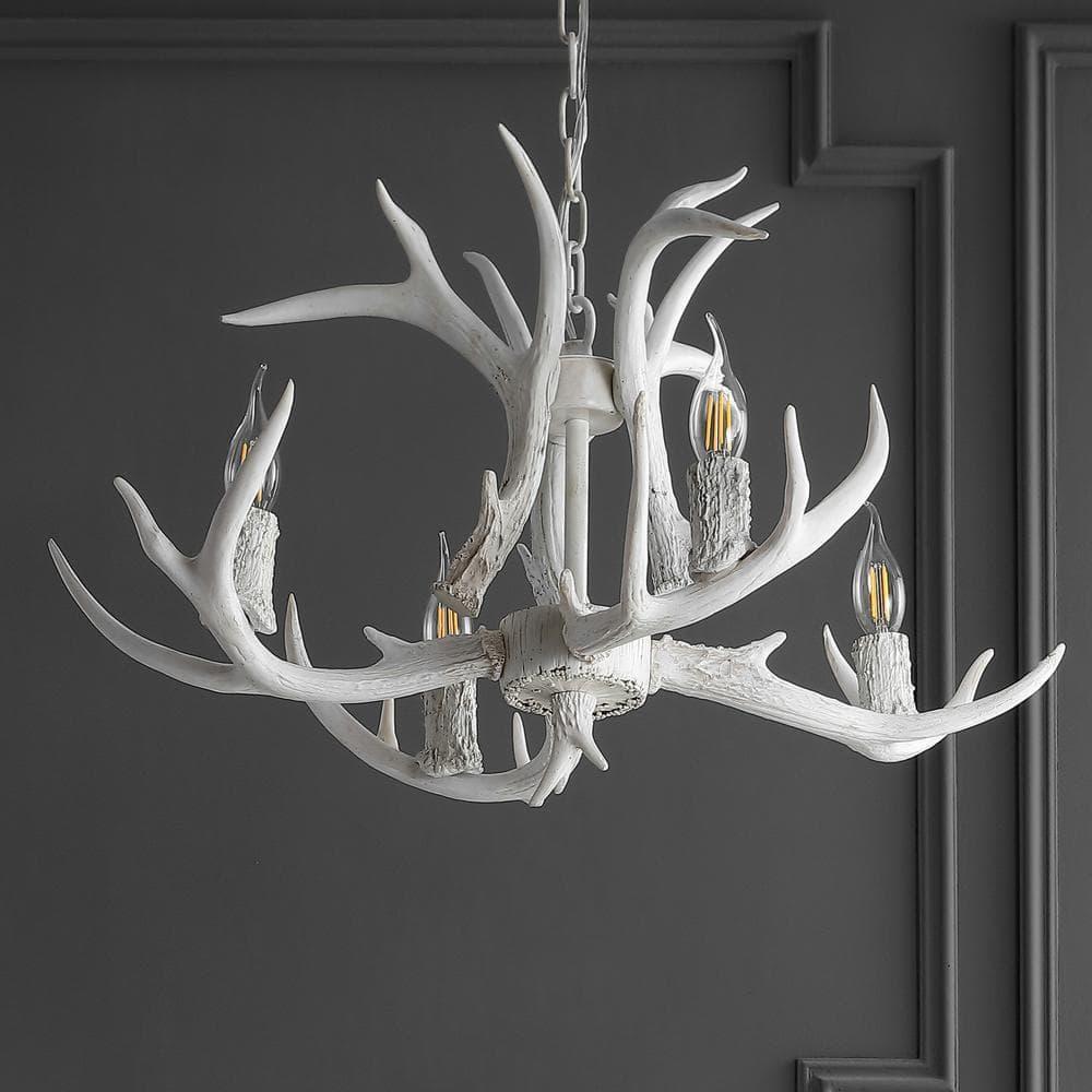 JONATHAN Y JYL6301B Eldora 26" Adjustable Resin Antler 4-Light LED Chandelier, Farmhouse, Glam, Transitional, Rustic, Cottage for living room, dinning room, bedroom, office Bulb Included, White