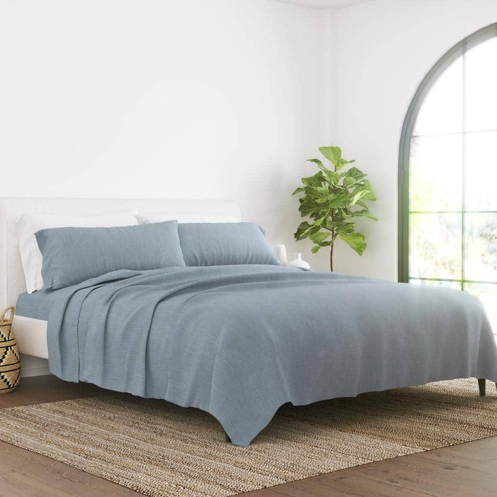 4-Piece Light Blue Solid Linen & Rayon from Bamboo Blend Queen Deep Pocket Bed Sheet Set