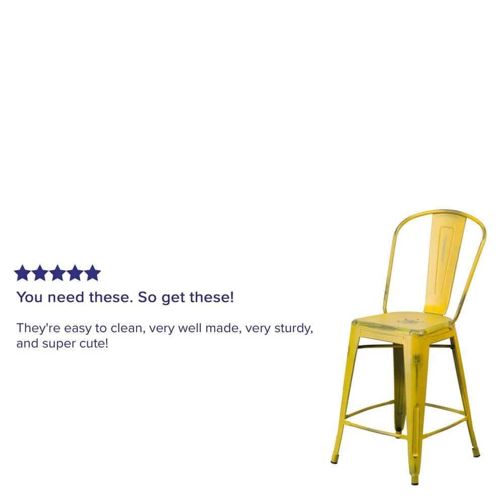 Flash Furniture Commercial Grade 24" High Distressed Yellow Metal Indoor-Outdoor Counter Height Stool with Back
