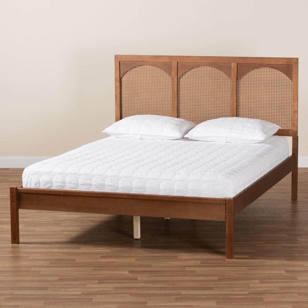 Baxton Studio Blossom Classic and Traditional Ash Walnut Finished Wood and Rattan Queen Size Platform Bed