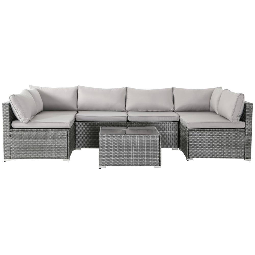 Valita 7 Piece Outdoor PE Wicker Furniture Set, Patio Gray Rattan Sectional Sofa Couch with Washable Grey Cushions