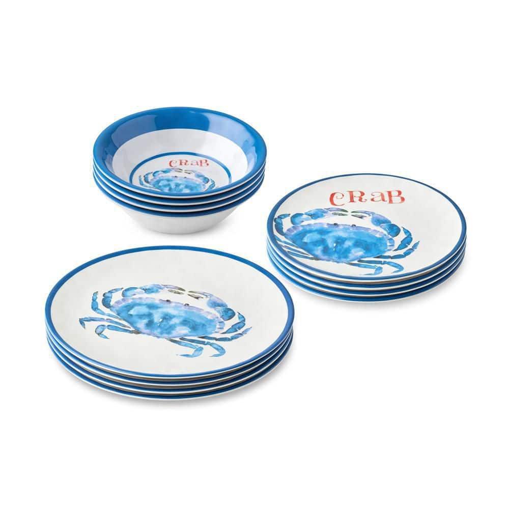 Certified International Beach House Crab 12-Piece Melamine Dinnerware Set – Blue & White Nautical-Themed Plates & Bowls – Shatterproof, Lightweight, and Dishwasher-Safe Coastal Tableware for Indoor & Outdoor Dining