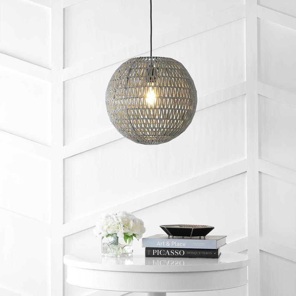 Luna 15.75" 1-Light Bohemian Modern Woven Rattan/Iron LED Pendant, Grey/Black