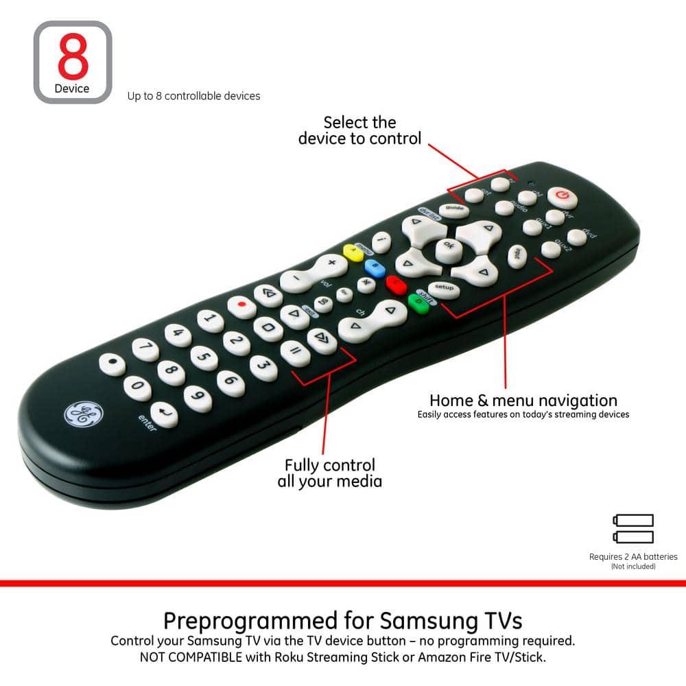 GE 8-Device Universal TV Remote Control in Black, 33715