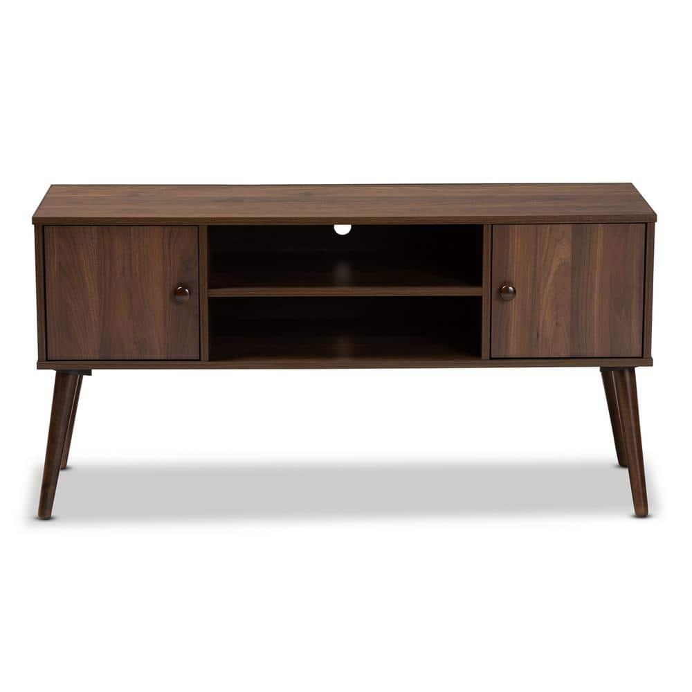 Alard 2 Door Wood TV Stand for TVs up to 50" Walnut - Baxton Studio: Mid-Century Modern Media Console with Fixed Shelves