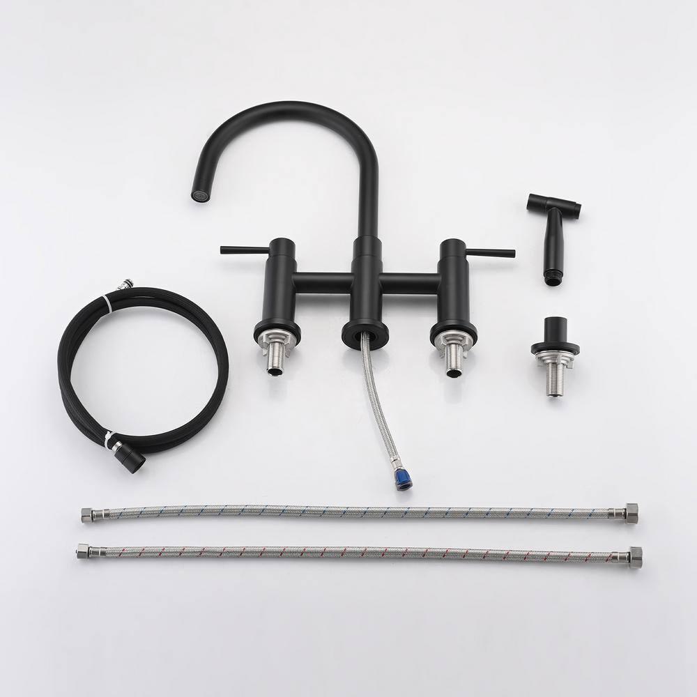 Double Handle Bridge Kitchen Faucet with Side Sprayer in Matte Black
