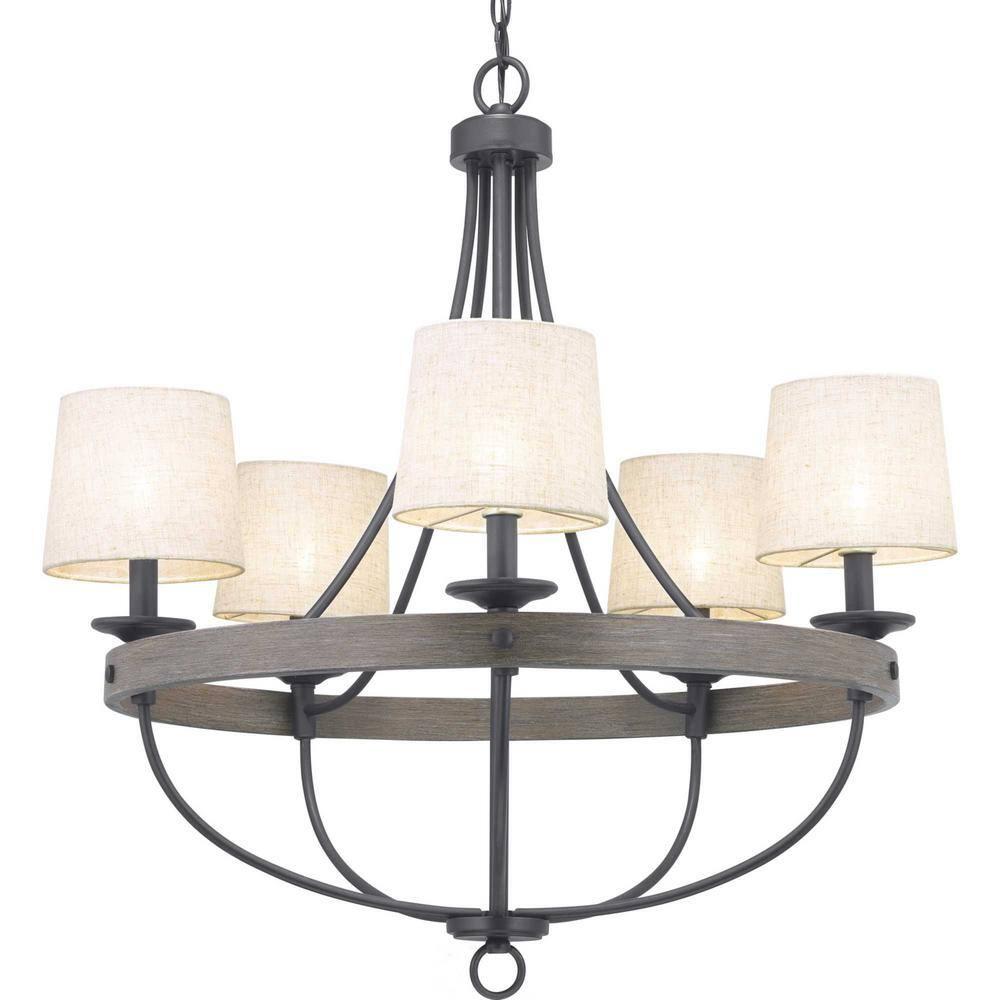 Progress Lighting Gulliver 5-Light Chandelier, Graphite Finish, Wood Grained Texture Shade