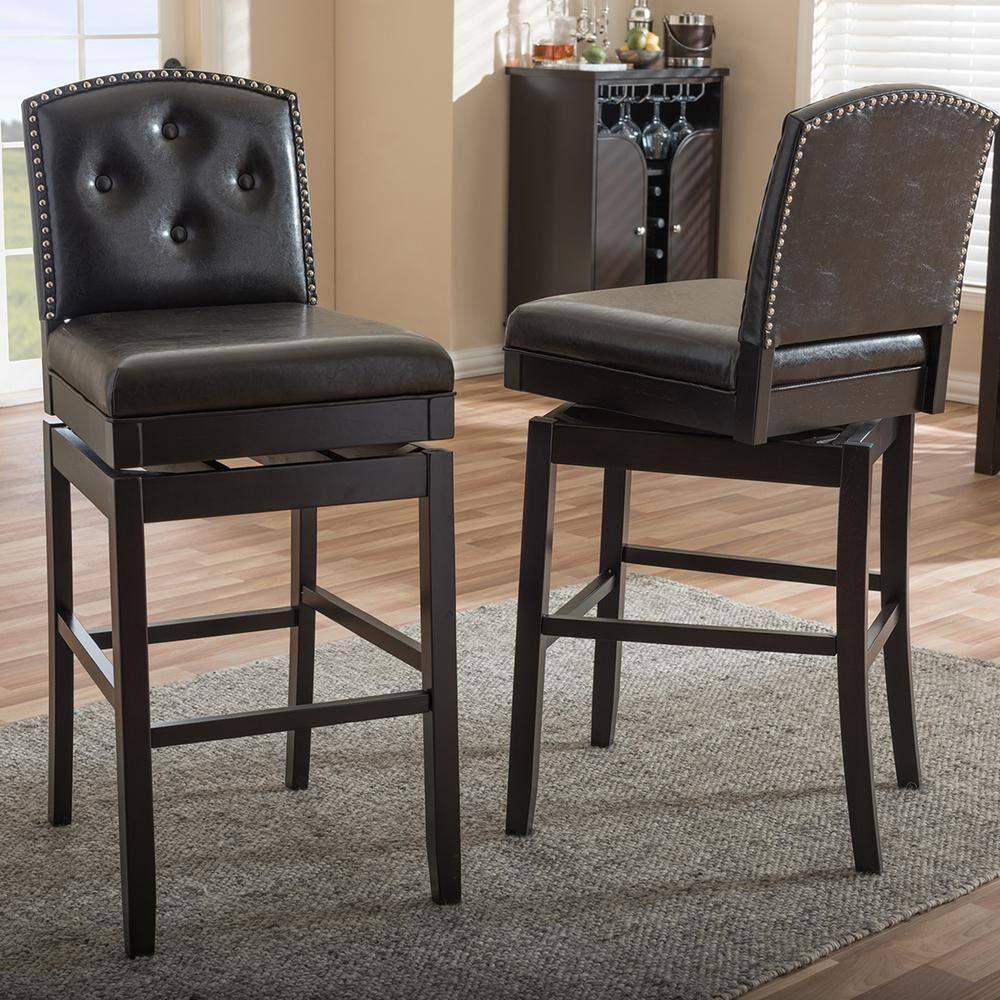 Baxton Studio Ginaro Modern and Contemporary Dark Brown Faux Leather Button-tufted Upholstered Swivel Bar Stool (Set of