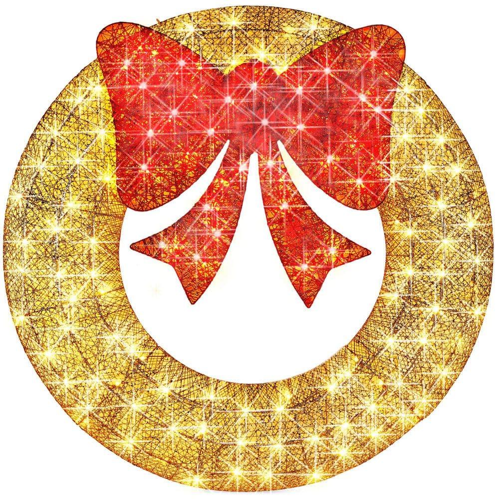 Best Choice Products 48in Pre-Lit Outdoor Christmas Wreath, LED Metal Holiday Decor w/ 140 Lights, Bow - Gold/Red