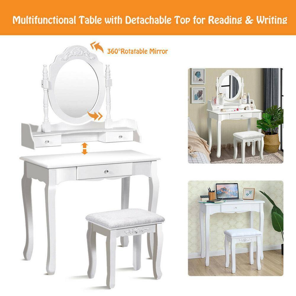 Tangkula Bathroom Vanity Wood Makeup Dressing Table Stool Set Jewelry Desk W/Drawer &Mirror White