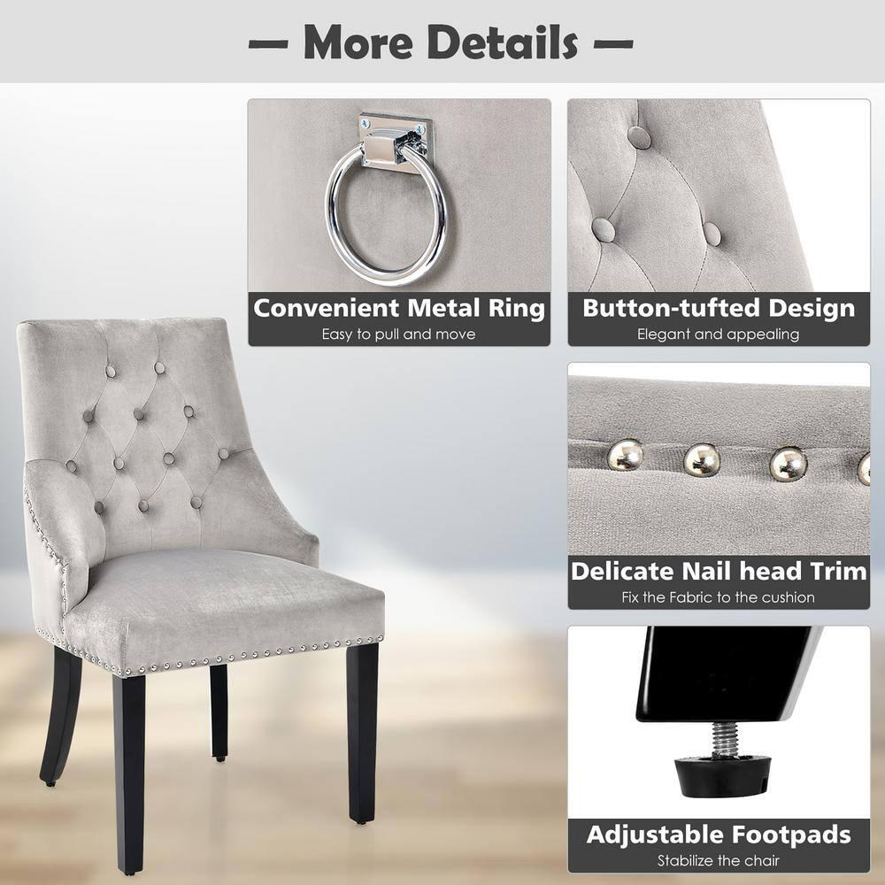 Velvet Dining Chair Upholstered Tufted Armless w/ Nailed Trim & Ring Pull Grey