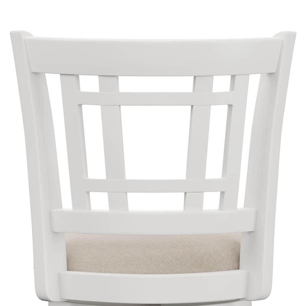Elegant White Swivel Bar Stool with Beige Fabric Seat and Wood Accents