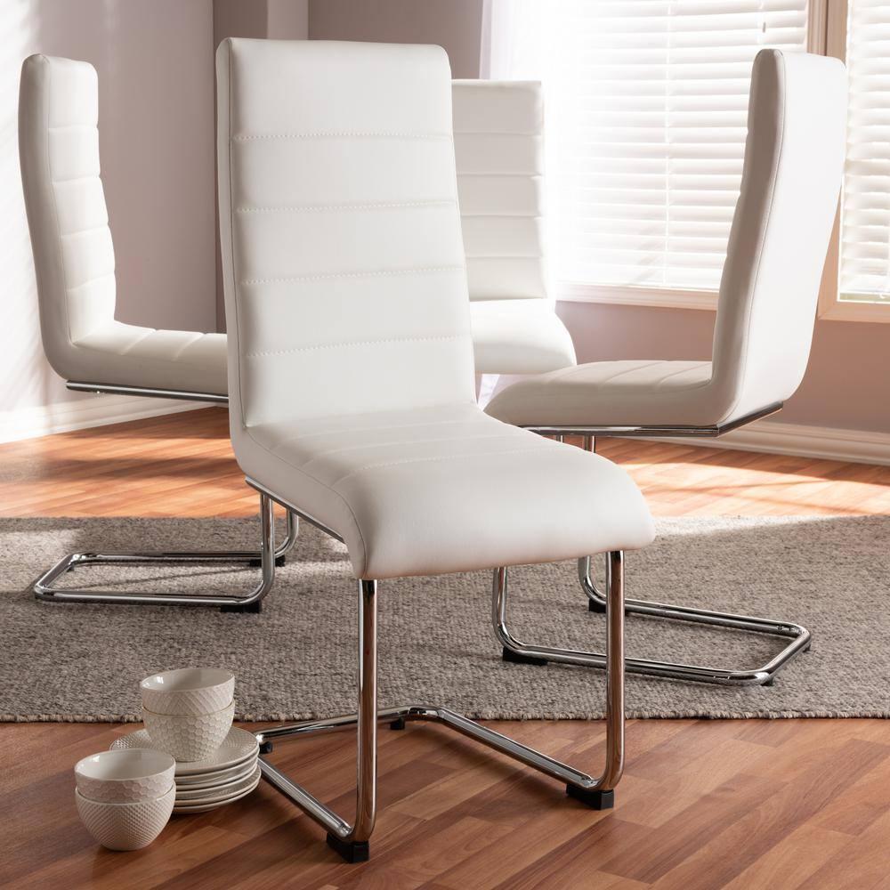 Baxton Studio Set of 4 Marlys Modern and Contemporary Faux Leather Upholstered Dining Chairs White: Chrome-Finished Legs, Mid-Century Design
