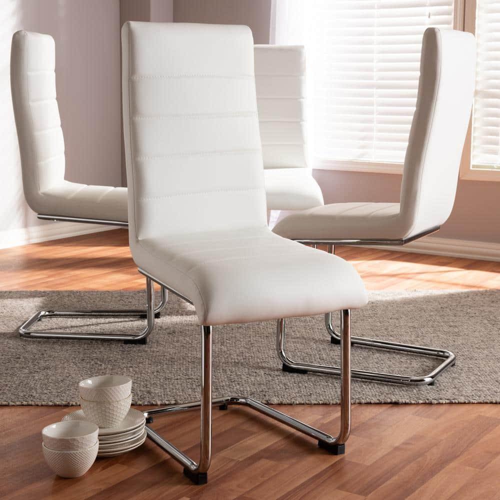 Baxton Studio Set of 4 Marlys Modern and Contemporary Faux Leather Upholstered Dining Chairs White: Chrome-Finished Legs, Mid-Century Design