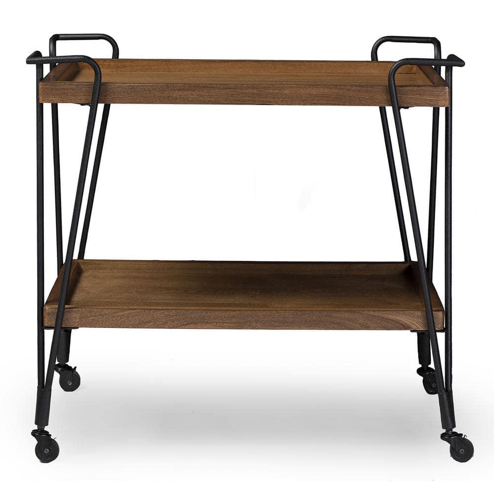 Jessica Rustic Industrial Style Textured Finish Metal Distressed Ash Wood Mobile Serving Bar Cart - Black & Brown - Baxton Studio