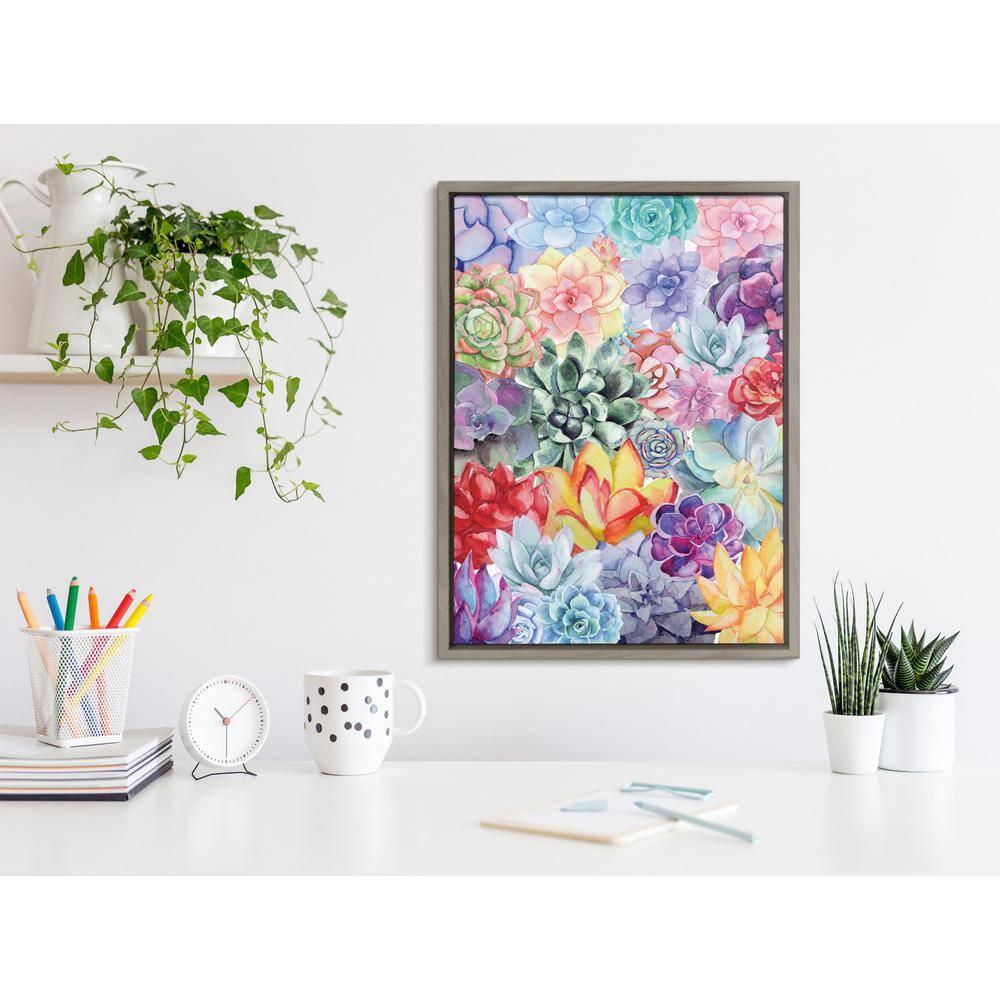 Kate and Laurel Sylvie Colorful Succulents Framed Canvas by Maja Mitrovic of Makes My Day Happy, 18x24, Gray