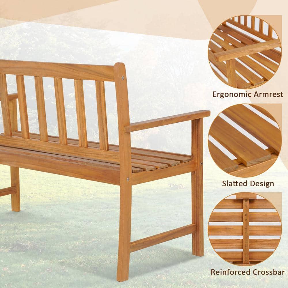 Natural Acacia Wood 2-Person Outdoor Bench with Armrests