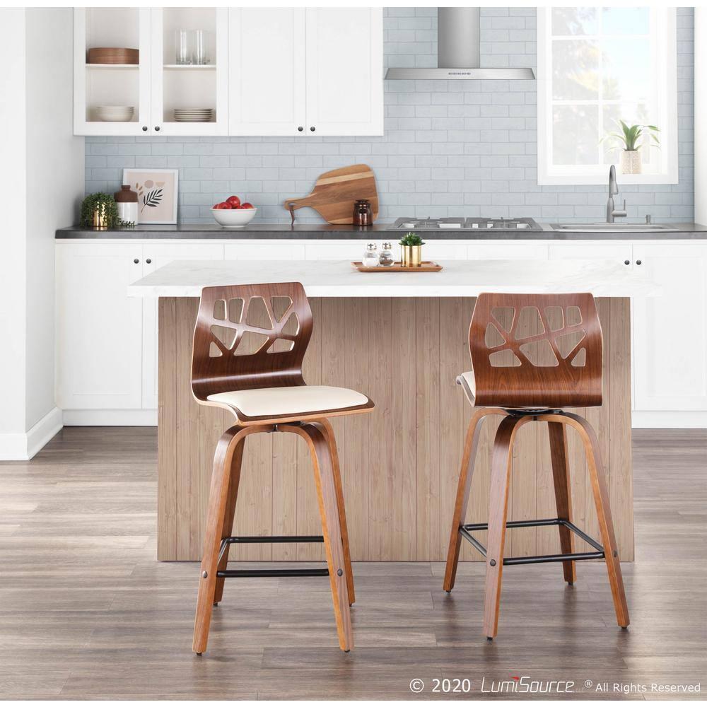 Set of 2 Folia Upholstered Counter Height Barstools Cream/Walnut - Lumisource: Wood Frame, Foam Padded Seat, Swivel Function