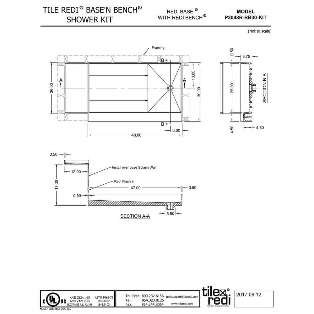 Tile Redi Base'N Bench Single Threshold Shower Base with Bench and Drain Plate