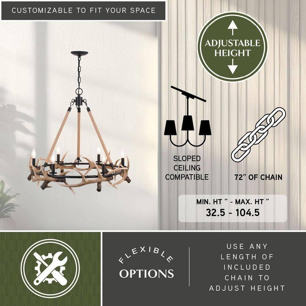 Vaxcel Breckenridge 6 Light Bronze Rustic Antler Chandelier Natural Rope Accent