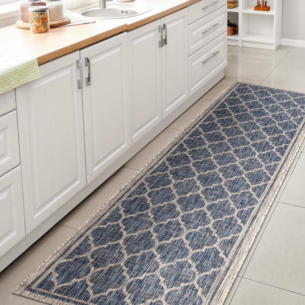 2' X 10' Trebol Moroccan Trellis Textured Weave Indoor/Outdoor Runner Rug, Navy/Gray - JONATHAN Y