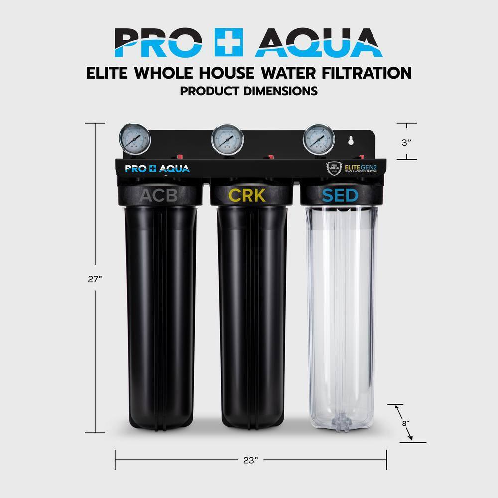 PRO+AQUA ELITE SERIES GEN2 PRO-100-E 3-Stage Whole House Water Filtration System for City and Well Water with Pressure Gauges, Removes 99% of Chlorine, VOCs, Odors & Contaminants, 1” Ports