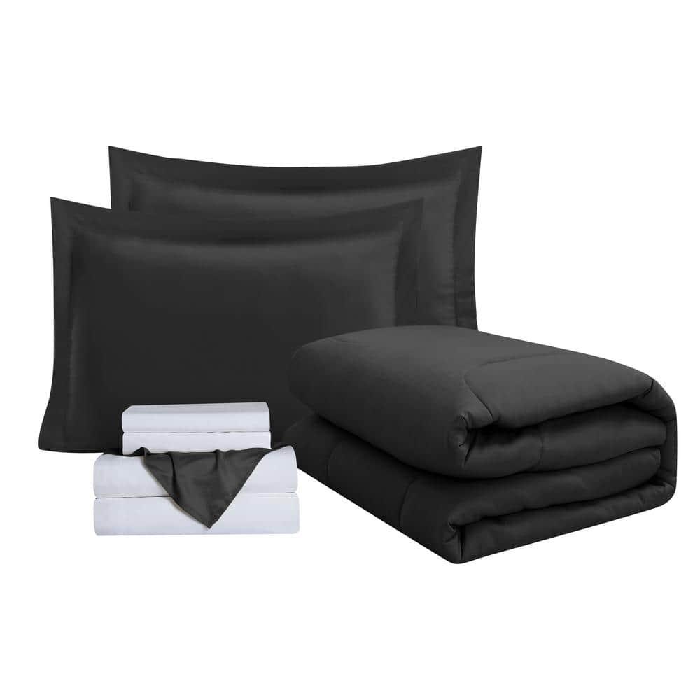 Swift Home | 8-Piece Ultra Soft Solid Bed-In-A-Bag Bedding Set Black Queen